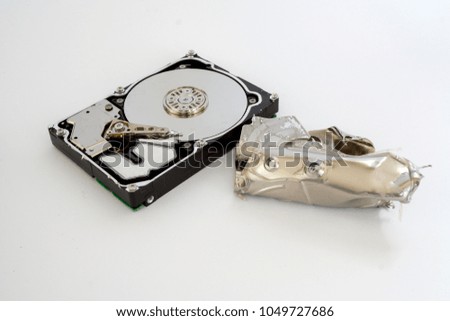 Opened and broken the hard drive close-up