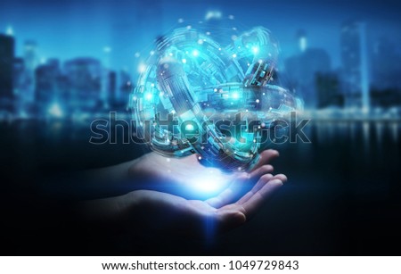 Businesswoman on blurred background using futuristic torus textured object 3D rendering