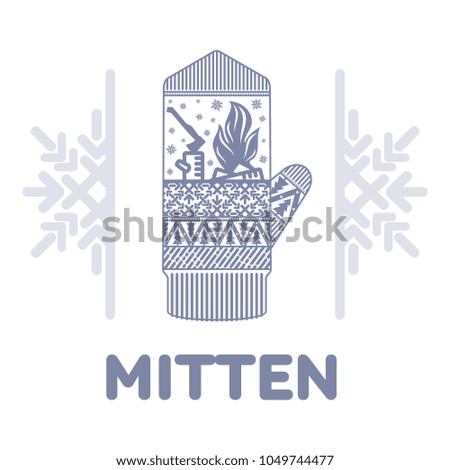 Winter mittens illustrations in soft vintage colors. Mittens logo templates with the image of mountains and pine. Illustrations on white background.