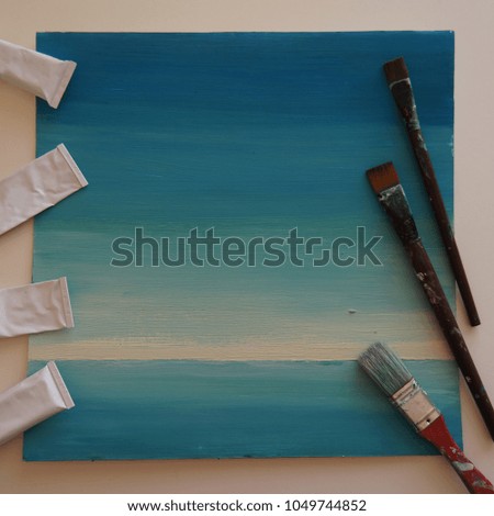 Painting Acrylic and Full spectrum on Canvas and Cardboard artist creative painting background. Green, blue and yellow artwork
