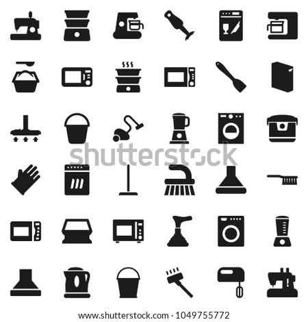 Flat vector icon set - plunger vector, vacuum cleaner, fetlock, mop, bucket, sponge, washing powder, rubber glove, spatula, microwave oven, double boiler, blender, washer, dishwasher, mixer, hood