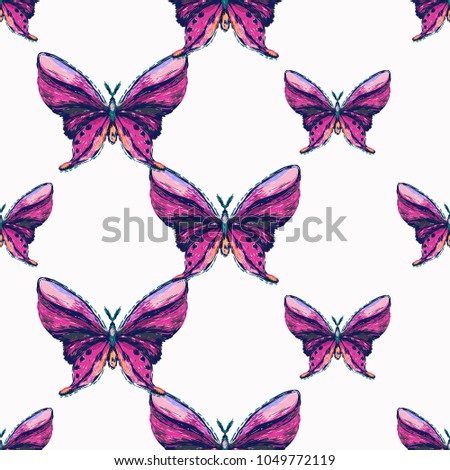 Embroidery purple butterfly, insect patch. Fashion patches with butterflies, summer wild nature illustration embroideries. Seamless pattern backdrop. Traditional art with insects on white background.