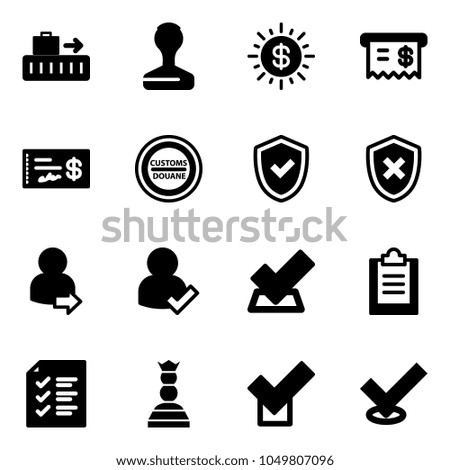 Solid vector icon set - baggage vector, stamp, dollar sun, receipt, check, customs road sign, shield, cross, user login, clipboard, list, chess queen