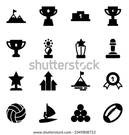 Solid vector icon set - attainment vector, cup, pedestal, win, gold, award, pawn, arrows up, mountain, medal, volleyball, windsurfing, billiards balls, football