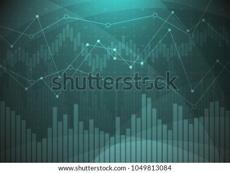 financial chart with uptrend line graph, bar chart and stock numbers on gradient dark color background