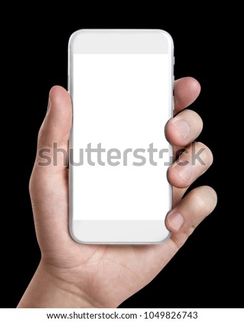 Hand holding white smartphone, isolated on black background
