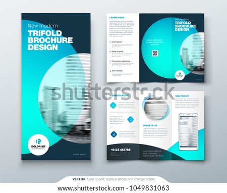 Tri fold brochure design. Teal, orange corporate business template for tri fold flyer. Layout with modern circle photo and abstract background. Creative concept 3 folded flyer or brochure. Royalty-Free Stock Photo #1049831063