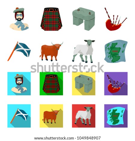The state flag of Andreev, Scotland, the bull, the sheep, the map of Scotland. Scotland set collection icons in cartoon,flat style vector symbol stock illustration web.