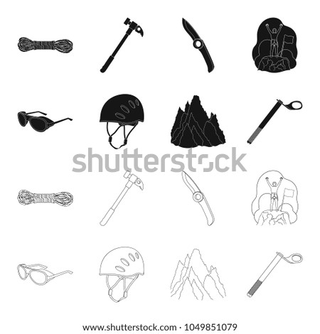 Helmet, goggles, wedge safety, peaks in the clouds.Mountaineering set collection icons in black,outline style vector symbol stock illustration web.