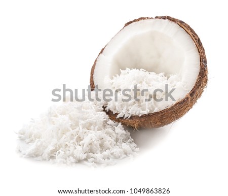 Nut with fresh coconut flakes on white background Royalty-Free Stock Photo #1049863826