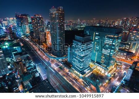 Aerial view of the cityscape of Minato, Tokyo, Japan at night