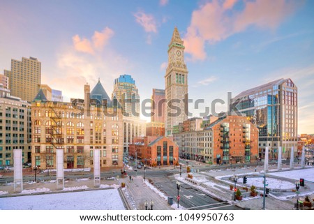 Boston downtown skyline at sunset in Massachusetts, USA 