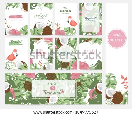 Green tropical greeting card with palm, coconut tree,hibiscus,flamingo and flower