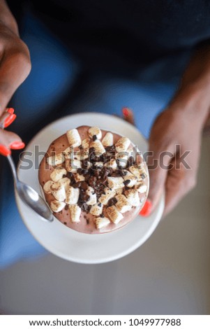Hot Chocolate Topped with Mini Toasted Marshmallows and chocolate pieces