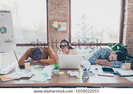 Fail lazy layabour partners highschool college start-up non-initiative daydream browsing computer laptop read internet concept. Three trio sad exhausted sleepy busy overworked managers having a nap Royalty-Free Stock Photo #1050022055