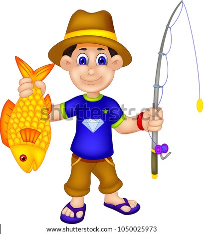 funny boy cartoon standing with smile and bring fish