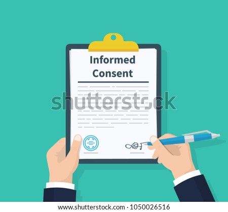Man hold information consent. Human signs document. Business or medical agreement. Clipboard in hand. Flat design, vector illustration on background Royalty-Free Stock Photo #1050026516