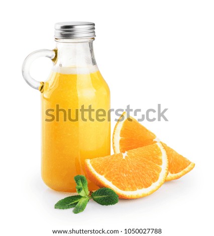 Bottle with orange juice, oranges and mint isolated on white background. With clipping path.