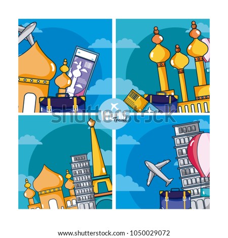 Travel and discover europe on colorful frames cartoons