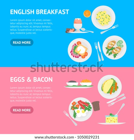 Cartoon Breakfast Banner Horizontal Set Dishs Concept Flat Design Style. Vector illustration of Food Morning