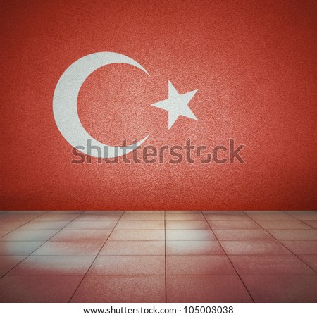 Turkey flag on the wall in empty room, studio background