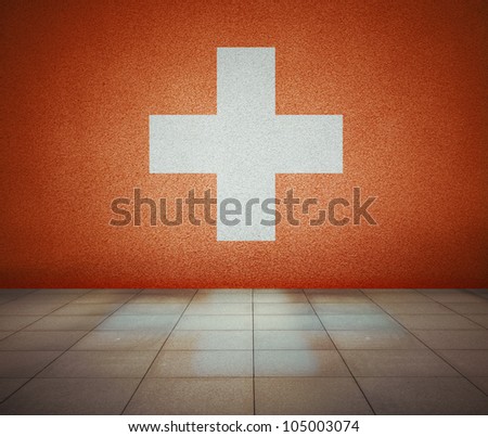 Switzerland flag on the wall in empty room, studio background