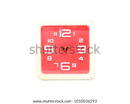 Clock face set in red color, white text with white rectangle On a white background