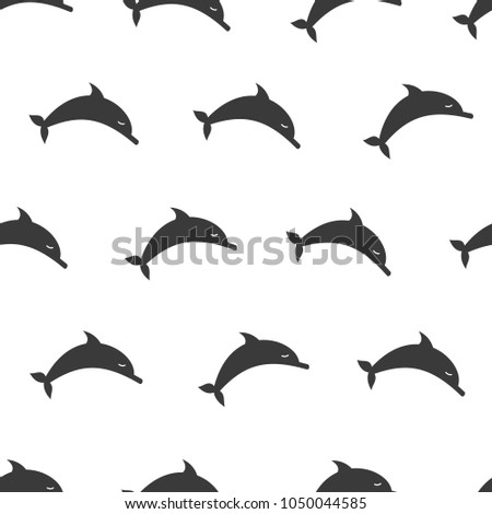 Funny cartoon vector dolphin fish seamless pattern over white background. Black and white background. Marine texture.