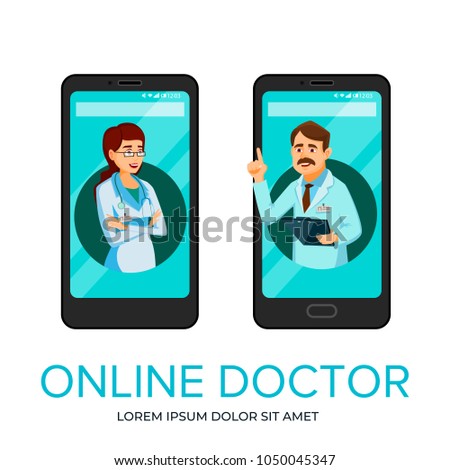 Vector cartoon online doctor, medical communication technology concept, mobile application service advertising banner template. Illustration man woman doctors providing smartphone screen consultation.