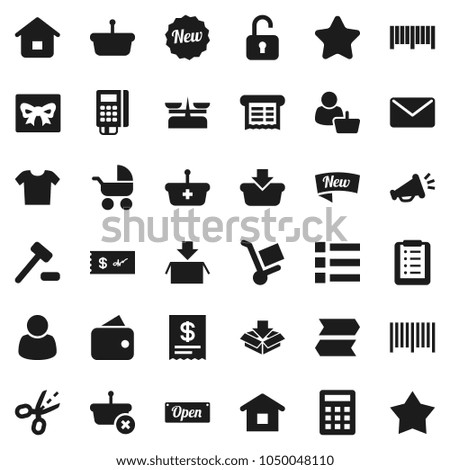 Flat vector icon set - gift vector, wallet, star, new, open, customer, barcode, card reader, receipt, basket, home, shopping list, calculator, auction, trolley, mail, loudspeaker, unlock, check
