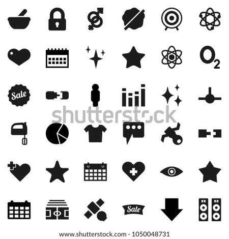 Flat vector icon set - shining vector, splotch, mixer, atom, pie graph, man, arrow down, calendar, stadium, target, oxygen, satellite, equalizer, favorites, heart, cross, eye, gender sign, mortar