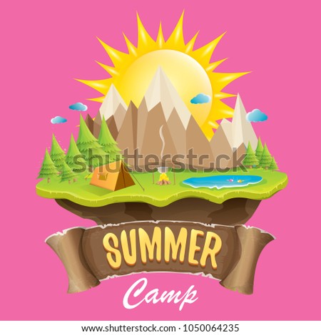 summer camp kids logo concept illustration with green valley, mountains, trees, sun, clouds, camp fire, camping tent and blue lake. Vector summer camp logo or flyer illustration.