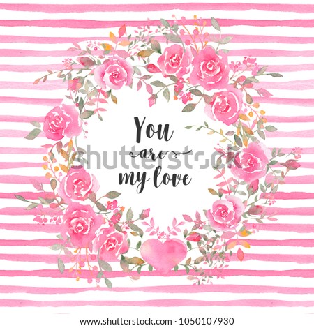 Handpainted watercolor card template with rose flowers and stripes. Elegant romantic postcard layout with pink roses and message for wedding greeting cards, Birthday, woman's day, valentine's