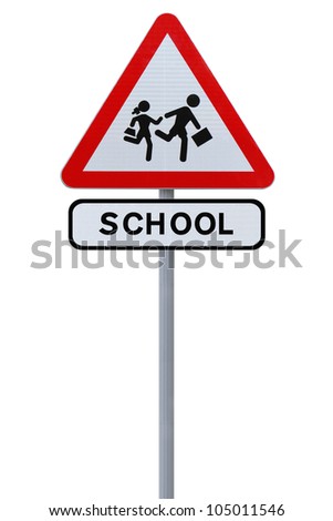 Modified actual road sign indicating school children crossing (isolated on white)