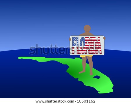 man in shorts on map of Florida with sign
