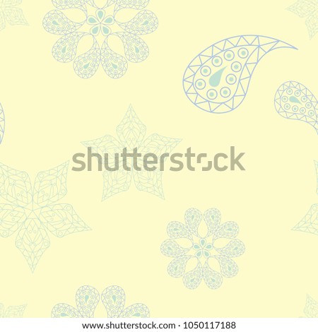Seamless background with floral pattern. Beige background with light blue and green flower elements for wallpapers, textile and fabrics