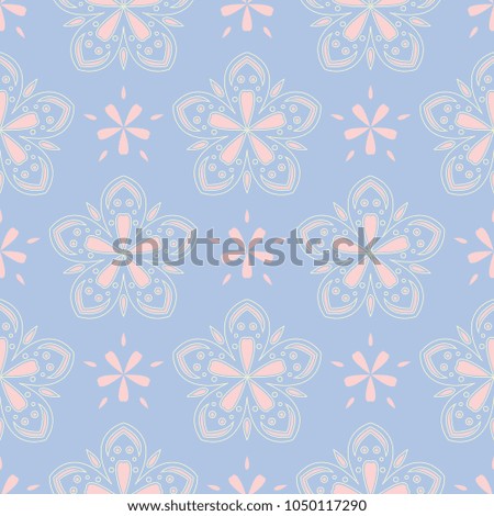 Floral seamless pattern. Pale blue background with beige and pink flower elements for wallpapers, textile and fabrics