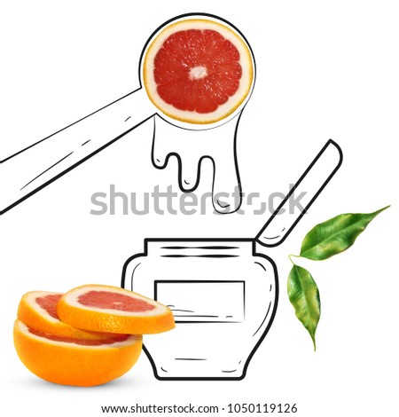 Fruit composition with fresh grapefruit and cartoon cute doodle drawing jar of jam on white background. Creative minimalistic food concept.