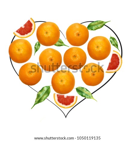 Fruit composition with fresh grapefruit and cartoon cute doodle drawing heart shape on white background. Creative minimalistic food concept.