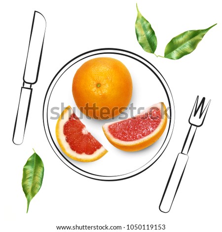 Fruit composition with fresh grapefruit and cartoon cute doodle drawing plate with knife and fork on white background. Creative minimalistic food concept.