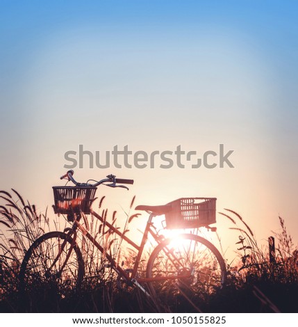 beautiful landscape image with Bicycle at sunset on glass field meadow ; summer or spring season background