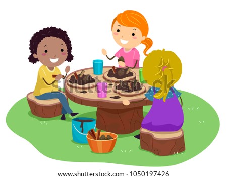 Illustration of Stickman Kids Girls Playing in the Garden with their Mud Pie