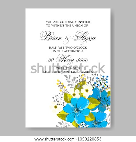 Floral wedding invitation vector template marriage ceremony announsment blue anemone