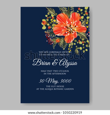 Floral wedding invitation vector template marriage ceremony announsment orange anemone