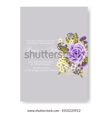 Floral wedding invitation vector template marriage ceremony announsment purple rose