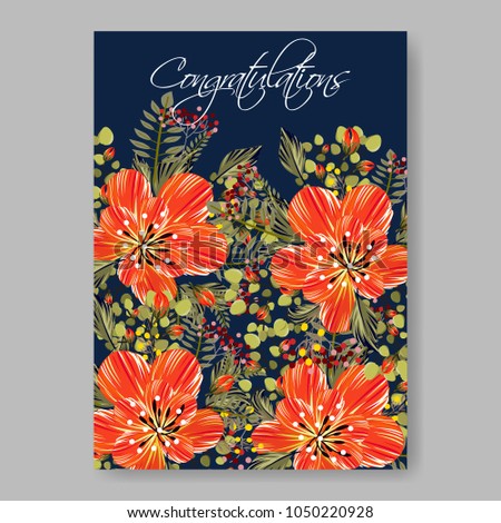 Floral wedding invitation vector template marriage ceremony announsment orange anemone