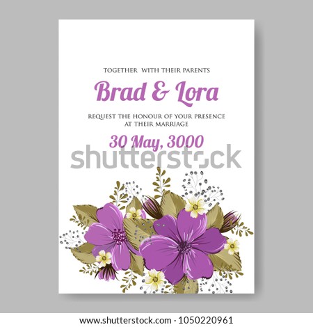 Floral wedding invitation vector template marriage ceremony announsment purple violet anemone