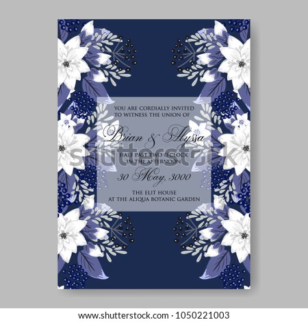 Floral wedding invitation vector template marriage ceremony announsment white dahlia flowers on nawy blue background