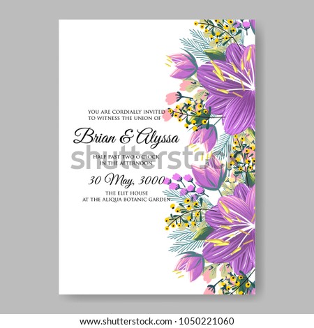 Floral wedding invitation vector template marriage ceremony announsment purple ultraviolet hibiscus