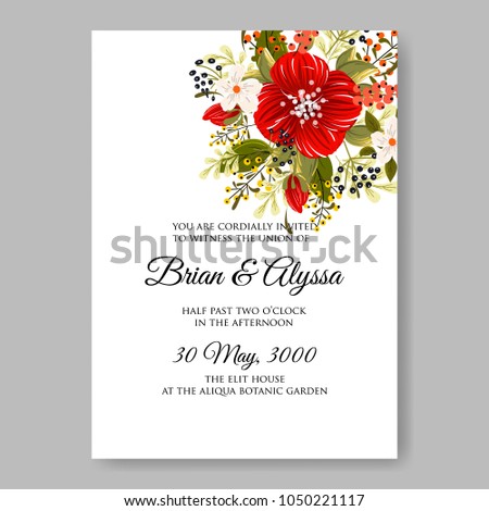 Floral wedding invitation vector template marriage ceremony announsment red poppy anemone